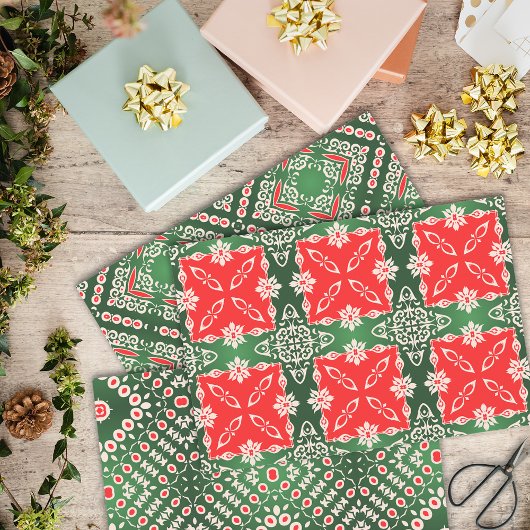 クリスマスレッドグリーン白ヴィンテージダマスクパターン ラッピングペーパーシート