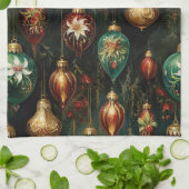 クリスマスレッドグリーン金ゴールドオーナメント キッチンタオル (折り畳み)