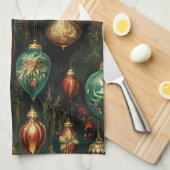 クリスマスレッドグリーン金ゴールドオーナメント キッチンタオル (四つ折り)