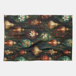 クリスマスレッドグリーン金ゴールドオーナメント キッチンタオル