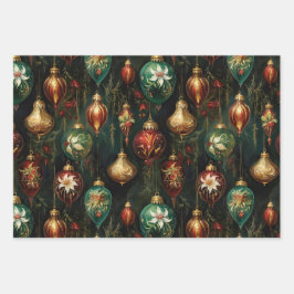 クリスマスレッドグリーン金ゴールドオーナメント ラッピングペーパーシート