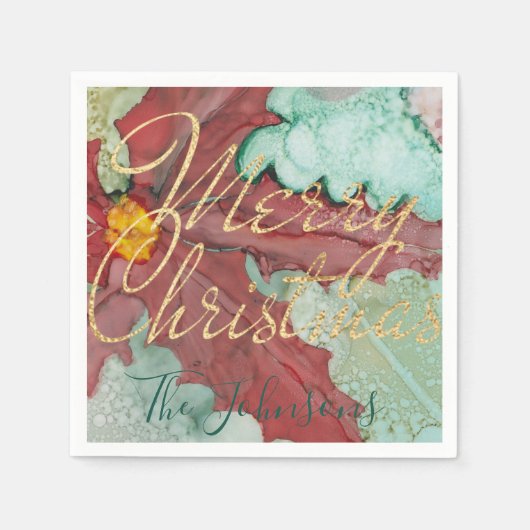 クリスマスレッドグリーン金ゴールドポイントセッティア スタンダードカクテルナプキン (正面)