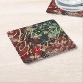 クリスマスレッドグリーン金ゴールド スクエアペーパーコースター (アングル)