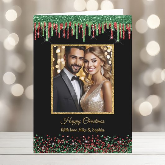 クリスマスレッドグリーン&ブラックグラムグリッタードリッピング シーズンカード