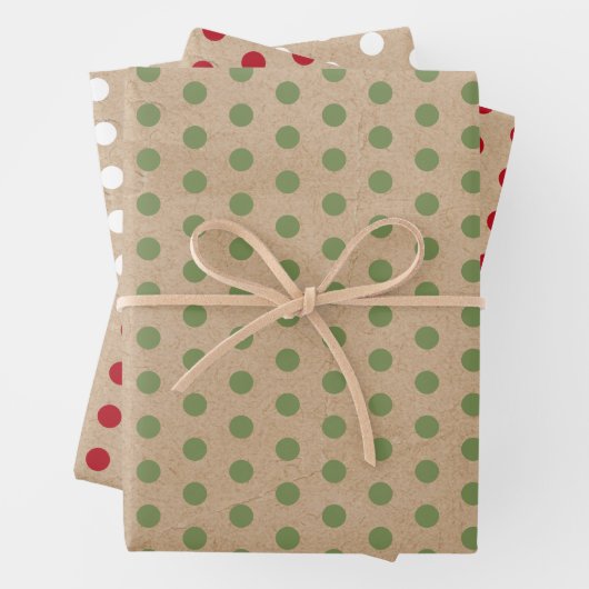 クリスマスレッドグリーン&ホワイトクラフト水玉模様 ラッピングペーパーシート (インサイチュ)