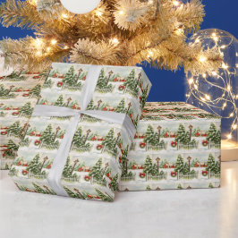 クリスマスレッドコテージランタンパインツリー ラッピングペーパー