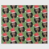 クリスマスレッドサンタハット、黒人女性、緑 ラッピングペーパー (フラット)
