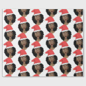 クリスマスレッドサンタハット、黒人女性、自然毛 ラッピングペーパー (フラット)