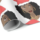 クリスマスレッドサンタハット、黒人女性、自然毛 ラッピングペーパー (ロールコーナー)