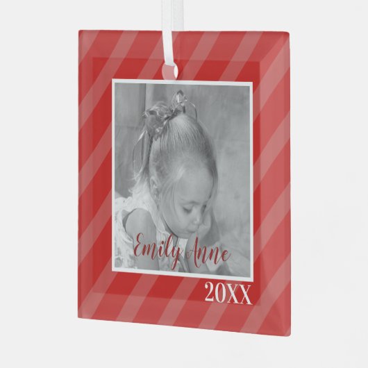 クリスマスレッドストライプのホリデーお洒落写真 ガラスオーナメント (正面左)