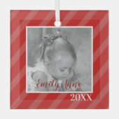 クリスマスレッドストライプのホリデーお洒落写真 ガラスオーナメント (正面)