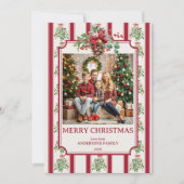 クリスマスレッドストライプレトロの松の弓写真 シーズンカード (正面)