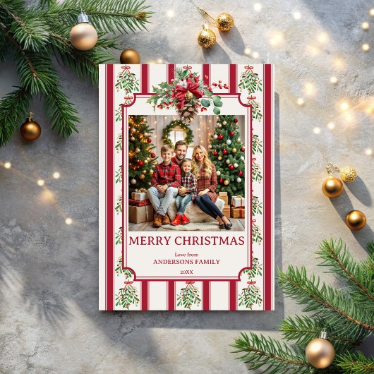 クリスマスレッドストライプレトロの松の弓写真 シーズンカード