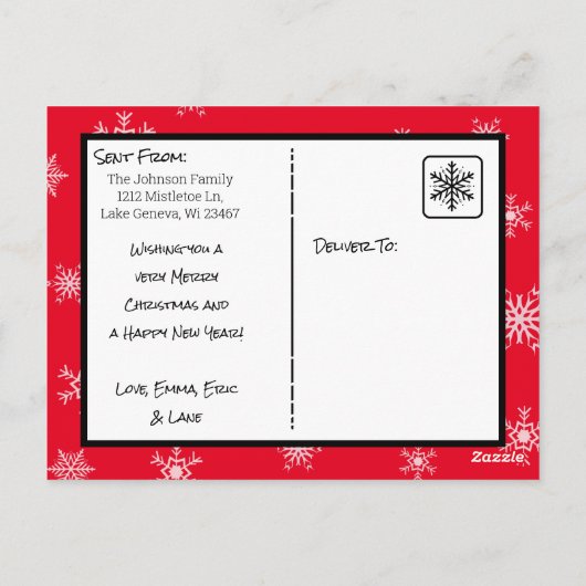 クリスマスレッドスノーフレークスファミリーフォトカード ポストカード (裏面)