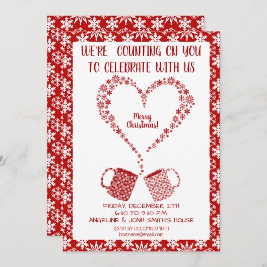 クリスマスレッドスノーフレークマグのパーソナライズ 招待状 (正面/裏面)