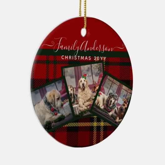 クリスマスレッドタータンチェックフォトコラージュ セラミックオーナメント (右)