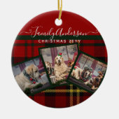 クリスマスレッドタータンチェックフォトコラージュ セラミックオーナメント (正面)