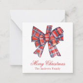 クリスマスレッドタータンチェック格子弓エンクロージャー ノートカード (正面)