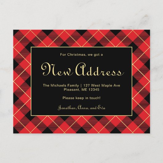 クリスマスレッドチェック 新しい住所のお知らせ 引越 ポストカード (正面)