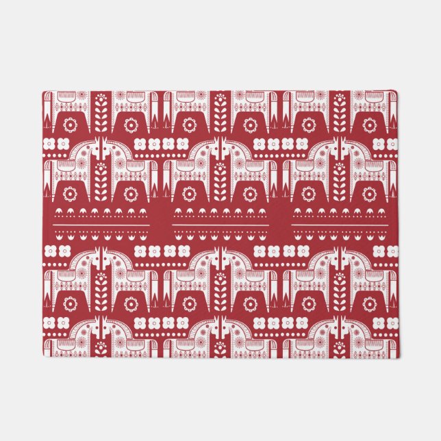 クリスマスレッドトナカイ北欧の森林 ドアマット (正面)