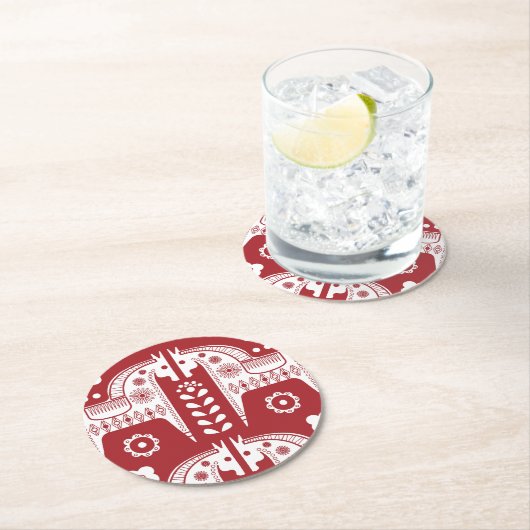 クリスマスレッドトナカイ北欧の森林 ラウンドペーパーコースター (インサイチュ)