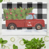 クリスマスレッドトラックが格子状に キッチンタオル (折り畳み)