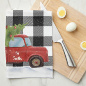 クリスマスレッドトラックが格子状に キッチンタオル (四つ折り)