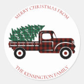 クリスマスレッドトラックグリーンプレイドツリー封筒用シール ラウンドシール (正面)