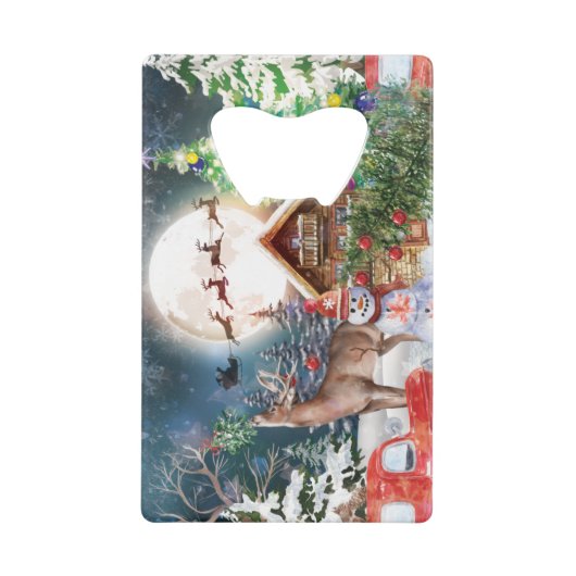 クリスマスレッドトラックサンタ素朴ウィンターホリデー クレジットカード栓抜き (正面)