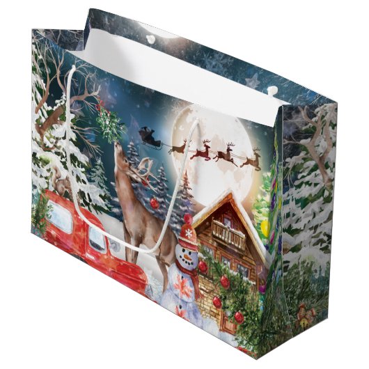 クリスマスレッドトラックサンタ素朴ウィンターホリデー ラージペーパーバッグ (正面アングル)