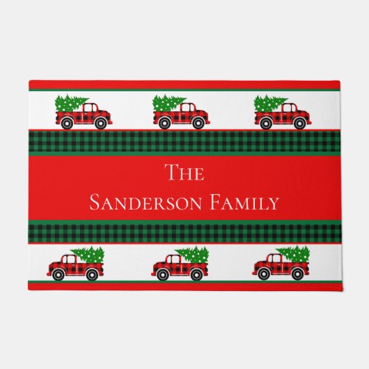 クリスマスレッドトラックシェフグリーンバッファロープレイド ドアマット (正面)