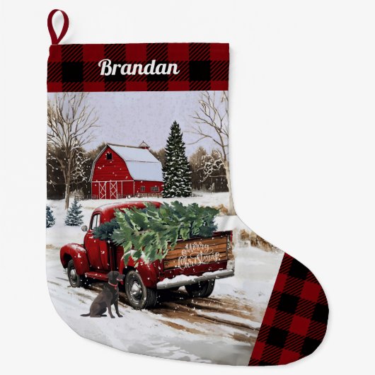 クリスマスレッドトラックストッキングパーソナライズされた- ラージクリスマスストッキング (正面)