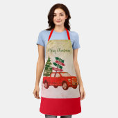 クリスマスレッドトラックファミリーネームクラシックヴィンテージ エプロン (着用した状態)