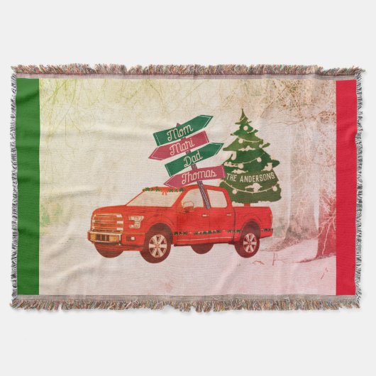 クリスマスレッドトラックファミリー名ヴィンテージかわいい スローブランケット (正面)