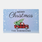 クリスマスレッドトラックプレイドファミリー名 ドアマット (正面)