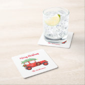 クリスマスレッドトラックホリデーディナー スクエアペーパーコースター (インサイチュ)