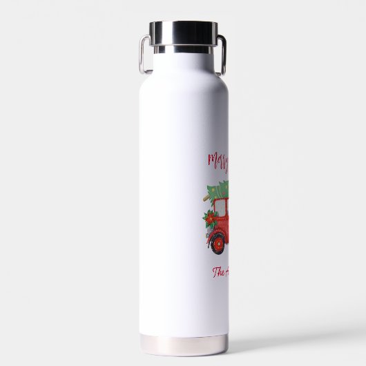 クリスマスレッドトラックホワイトフェスティバルホリデー ウォーターボトル (正面)