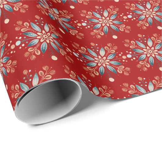 クリスマスレッドノルディックフォークスノーフレーク ラッピングペーパー (ロールコーナー)