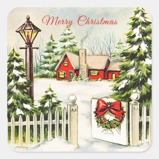 クリスマスレッドハウスランタンパインツリーズ スクエアシール (正面)