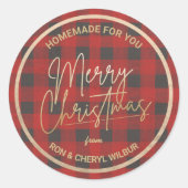 クリスマスレッドバッファロープレイドホームメイド ラウンドシール (正面)