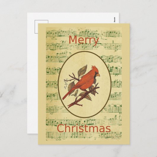 クリスマスレッドバード（鳥）ショウジョウコウカンチョウグリーンミュージック シーズンポストカード (正面/裏面)