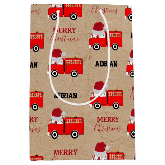 クリスマスレッドファイアートラック名前をカスタムするクラフト ミディアムペーパーバッグ (正面)