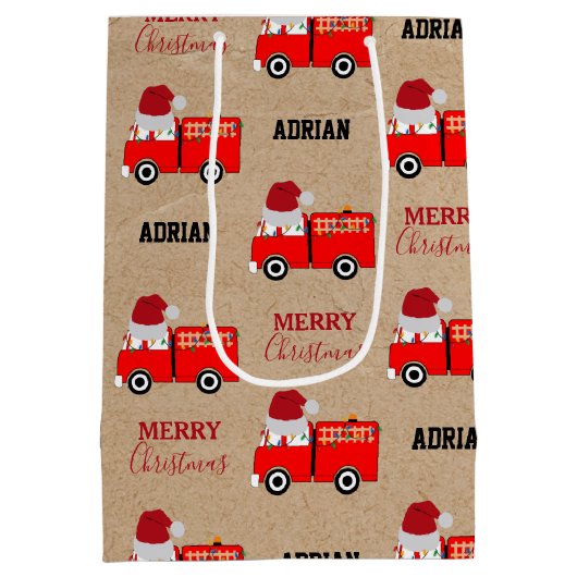 クリスマスレッドファイアートラック名前をカスタムするクラフト ミディアムペーパーバッグ (裏面)