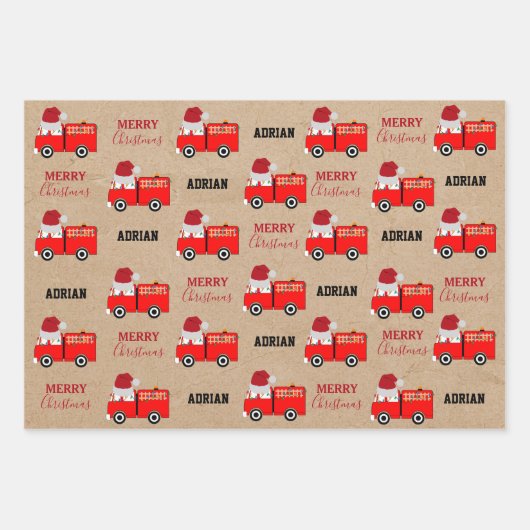 クリスマスレッドファイアートラック名前をカスタムするクラフト ラッピングペーパーシート (正面3)