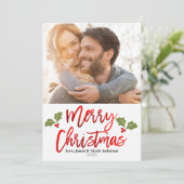 クリスマスレッドフォイルモダンスクリプトホリデーフォト シーズンカード (スタンド正面)