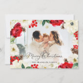 クリスマスレッドフローラフォトグリーティングカード サンキューカード (正面)