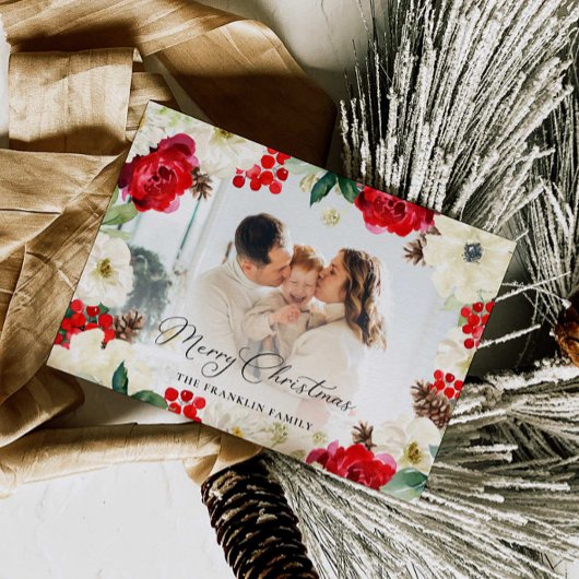 クリスマスレッドフローラフォトグリーティングカード サンキューカード