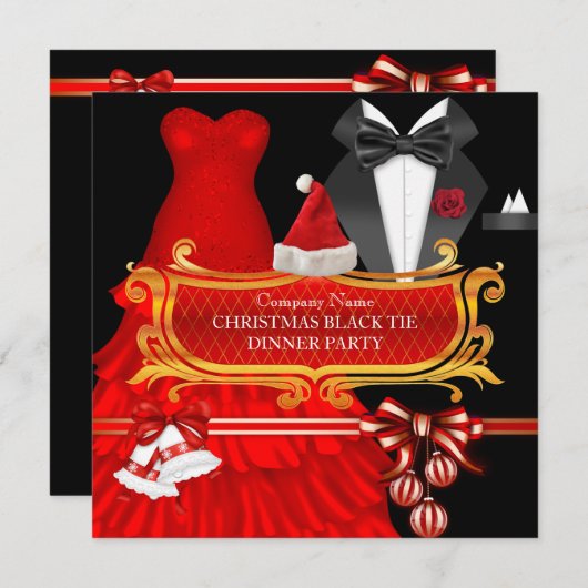 クリスマスレッドブラックタイディナー企業のパーティー 招待状 (正面/裏面)