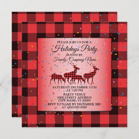クリスマスレッドブラックトナカイの休日 招待状 (正面/裏面)