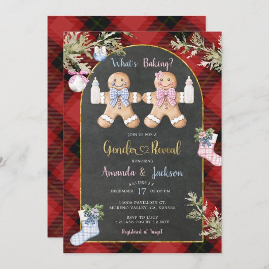 クリスマスレッドブラックプレイドクッキージェンダーの表示 招待状 (正面/裏面)